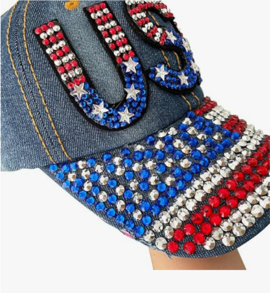 Unisex American flag USA baseball cap, denim distressed rhinestone cap, adult style (navy blue)