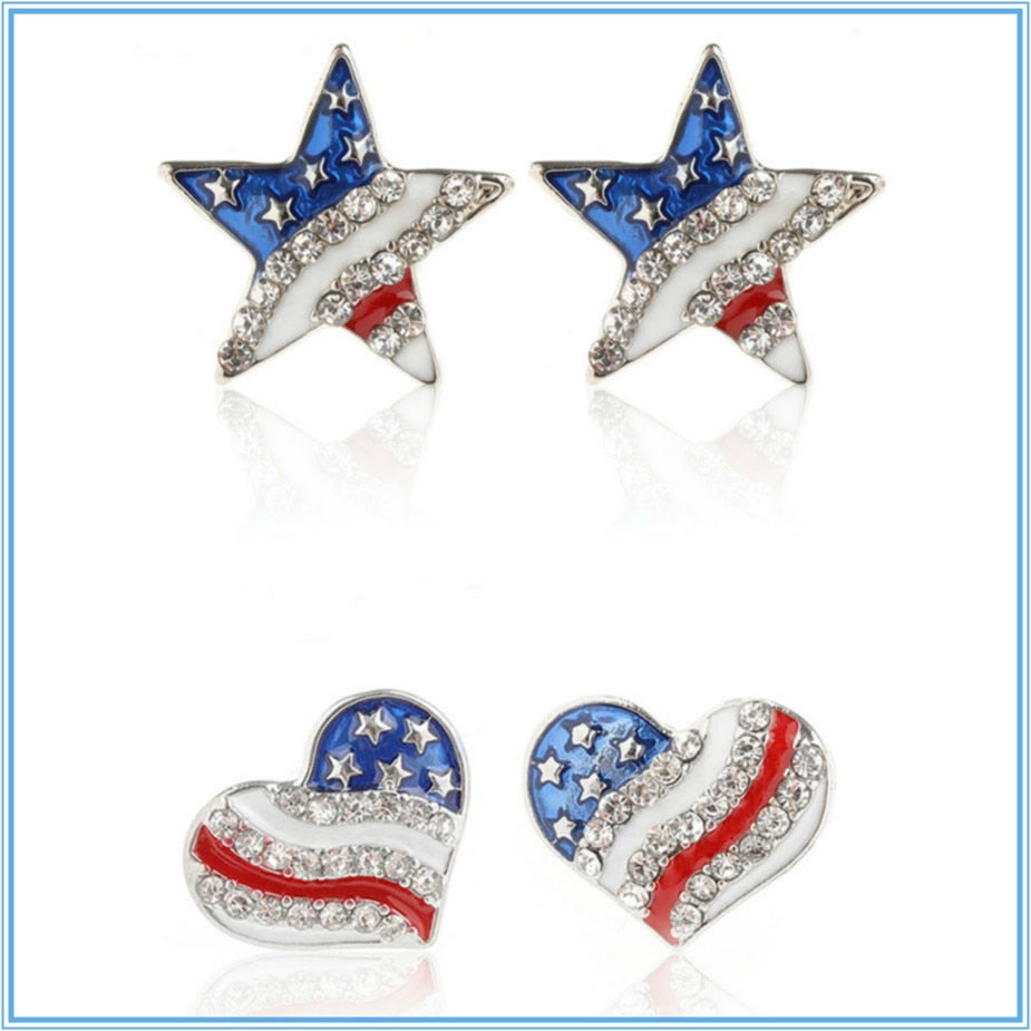 Heart Crystal Ear Studs Fashion Star Shape American Flag Earrings For Women Patriotic Jewelry Gifts Pendientes Oorbellen