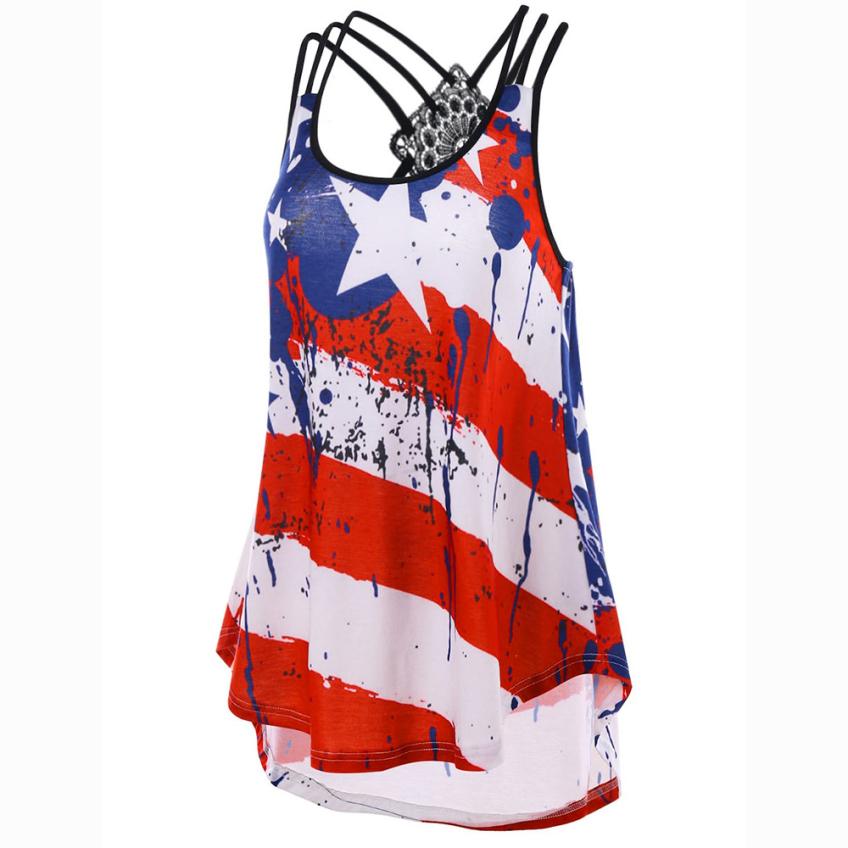 Plus Size Women Tank Tops Sexy Backless Lace US Flag Print Striped Sleeveless Cami Tops Tee Shirt regata