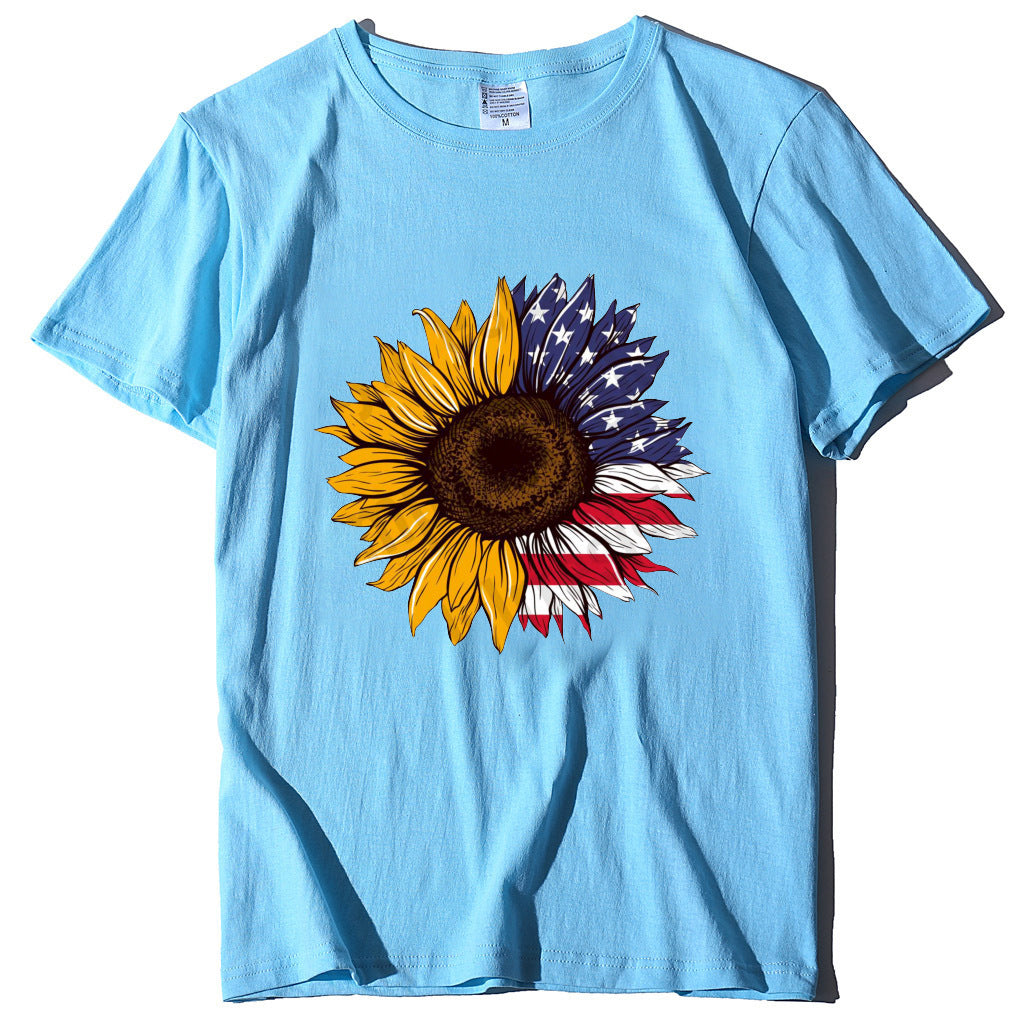 New Spring And Summer Printed Sunflower Flag Short Sleeve Casual T-Shirt Women