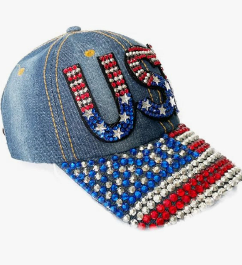 Unisex American flag USA baseball cap, denim distressed rhinestone cap, adult style (navy blue)