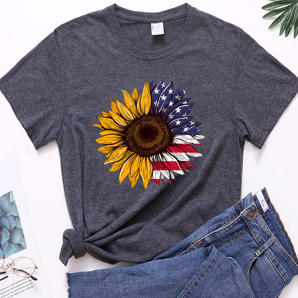 New Spring And Summer Printed Sunflower Flag Short Sleeve Casual T-Shirt Women