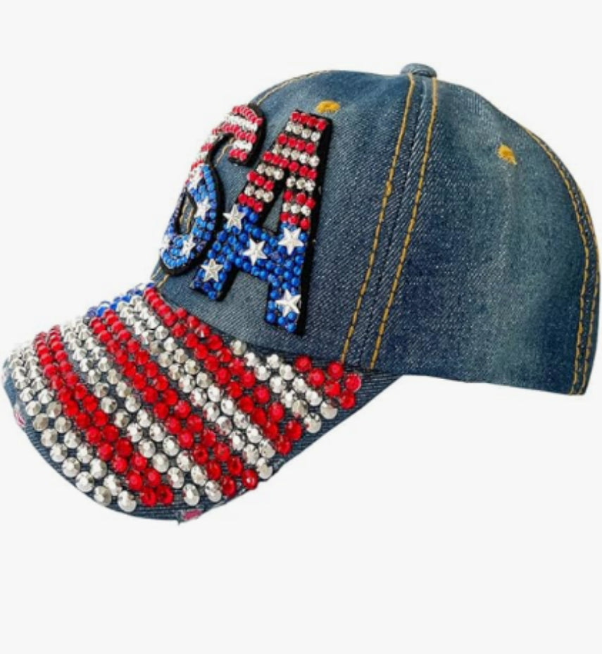 Unisex American flag USA baseball cap, denim distressed rhinestone cap, adult style (navy blue)