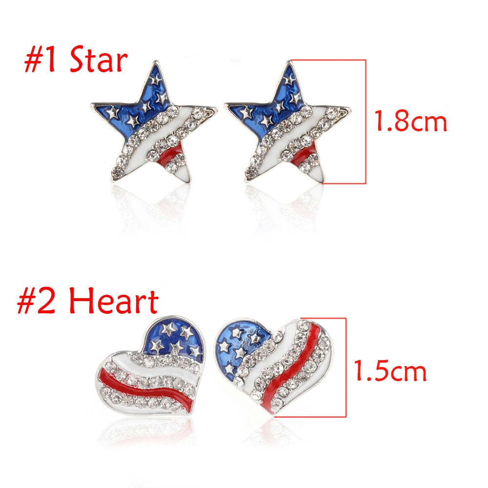 Heart Crystal Ear Studs Fashion Star Shape American Flag Earrings For Women Patriotic Jewelry Gifts Pendientes Oorbellen