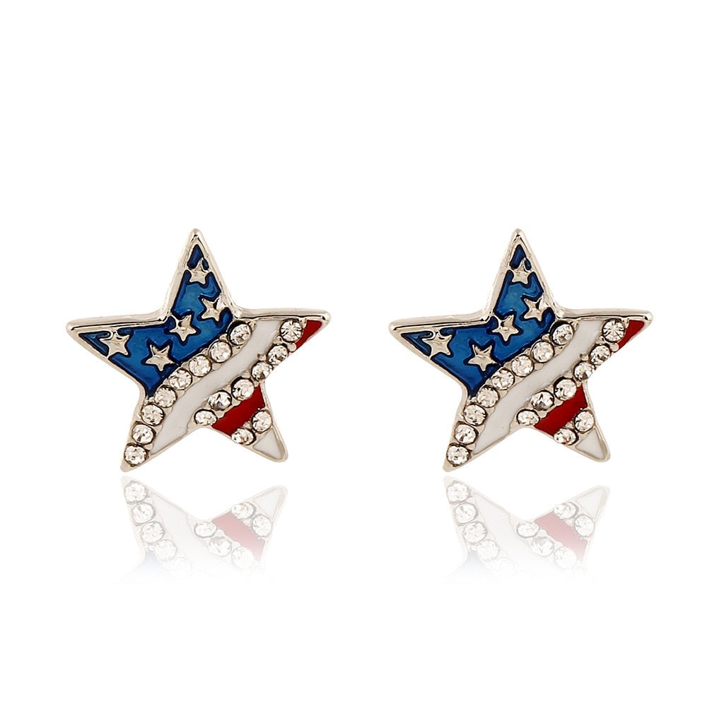 Heart Crystal Ear Studs Fashion Star Shape American Flag Earrings For Women Patriotic Jewelry Gifts Pendientes Oorbellen