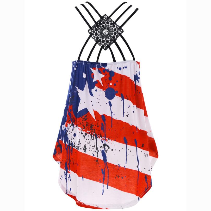 Plus Size Women Tank Tops Sexy Backless Lace US Flag Print Striped Sleeveless Cami Tops Tee Shirt regata