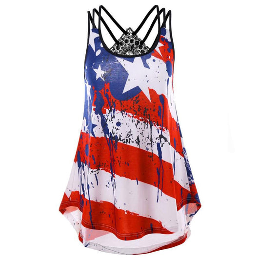 Plus Size Women Tank Tops Sexy Backless Lace US Flag Print Striped Sleeveless Cami Tops Tee Shirt regata