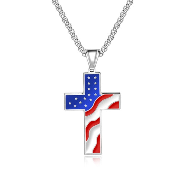 American Flag Patriotic Stainless Steel Cross Religious Jewelry Enamel Pendant Necklace