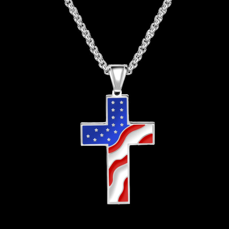 American Flag Patriotic Stainless Steel Cross Religious Jewelry Enamel Pendant Necklace