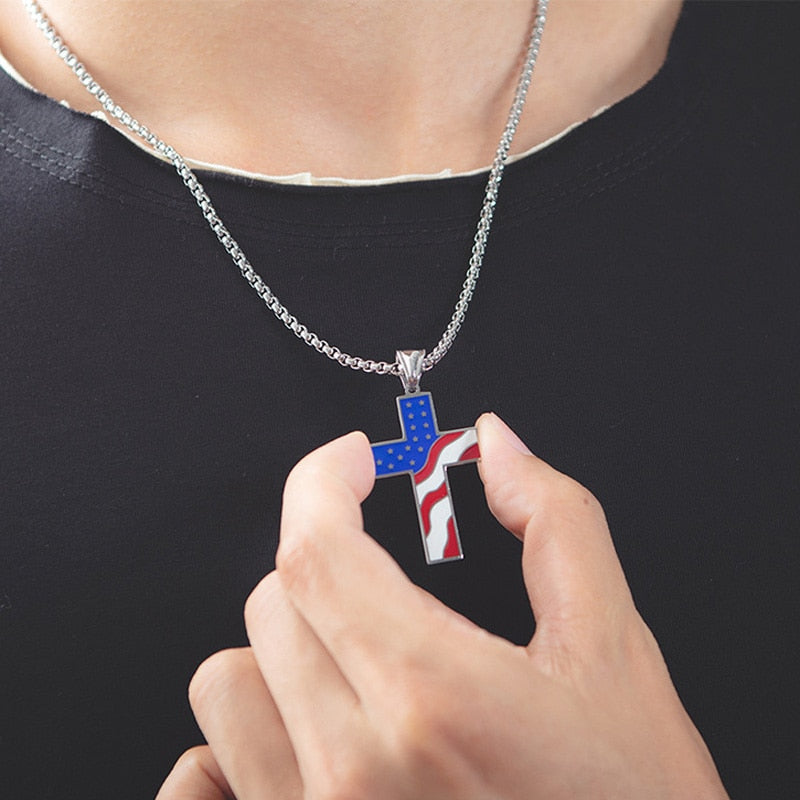 American Flag Patriotic Stainless Steel Cross Religious Jewelry Enamel Pendant Necklace