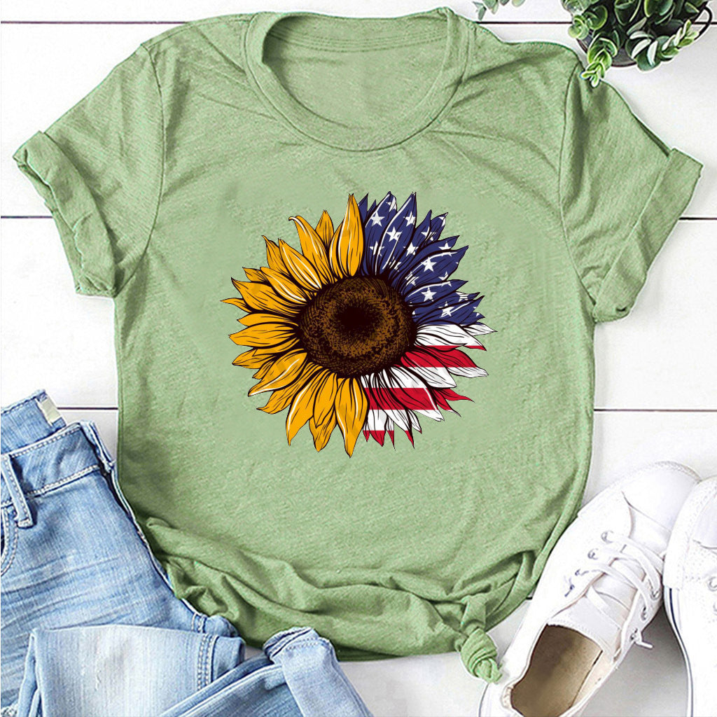 New Spring And Summer Printed Sunflower Flag Short Sleeve Casual T-Shirt Women