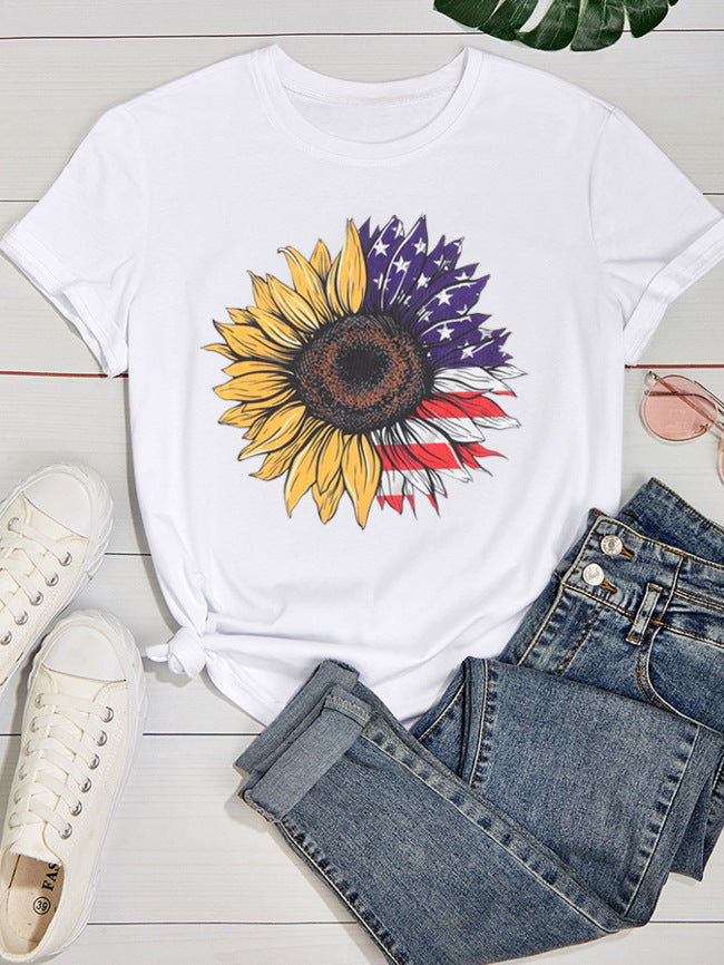 New Spring And Summer Printed Sunflower Flag Short Sleeve Casual T-Shirt Women