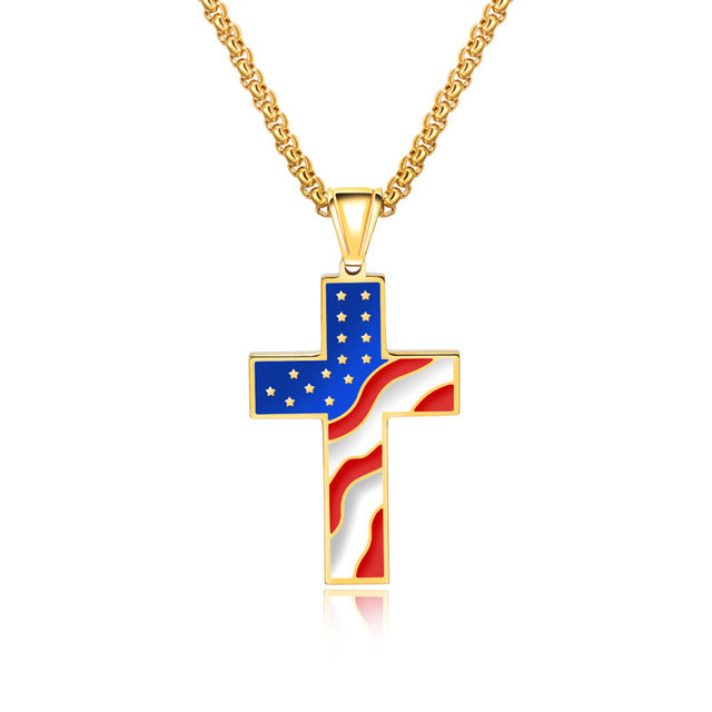 American Flag Patriotic Stainless Steel Cross Religious Jewelry Enamel Pendant Necklace