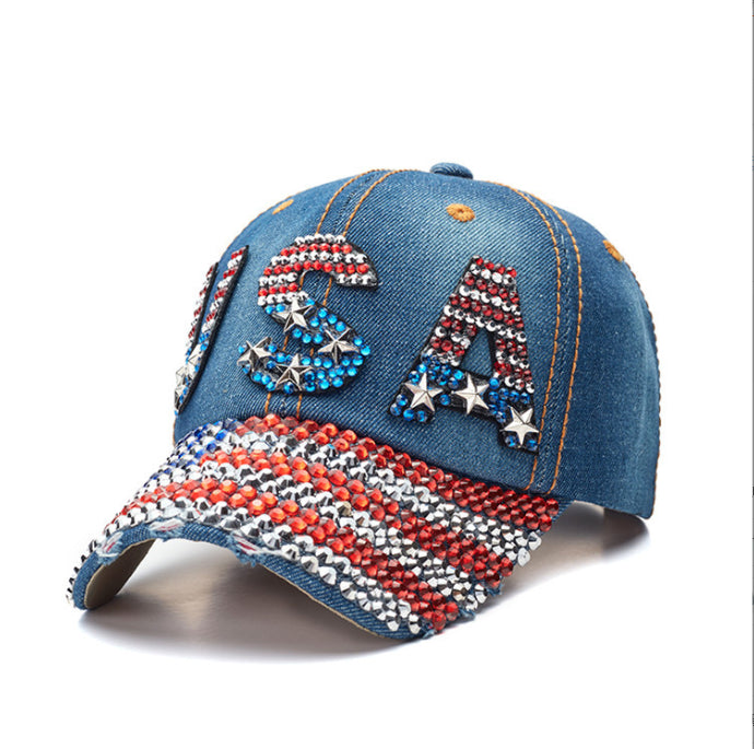 Unisex American flag USA baseball cap, denim distressed rhinestone cap, adult style (navy blue)