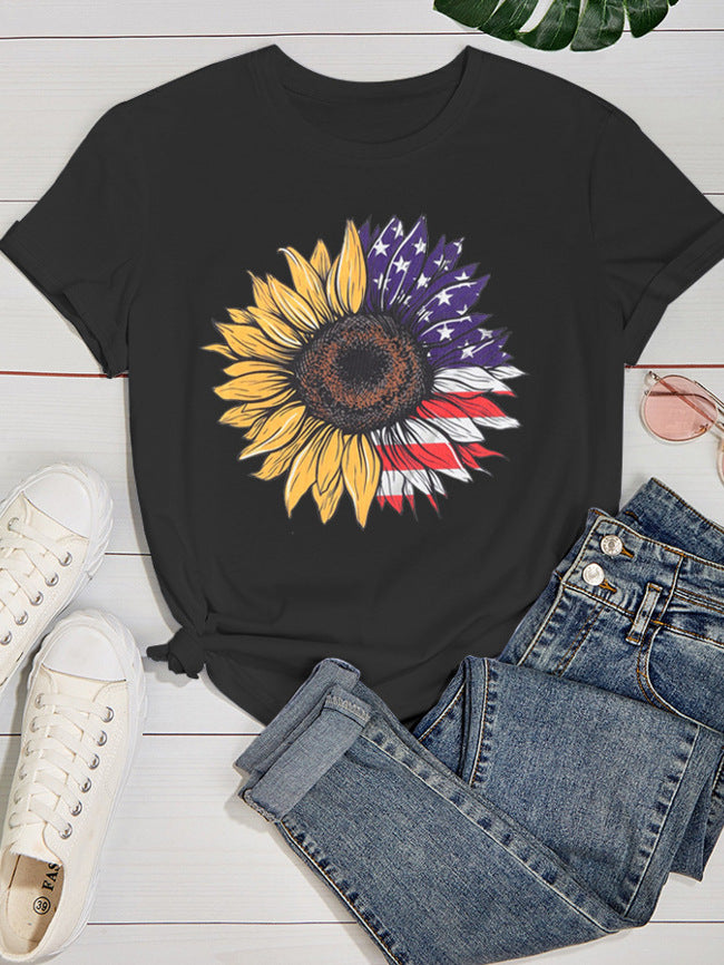 New Spring And Summer Printed Sunflower Flag Short Sleeve Casual T-Shirt Women