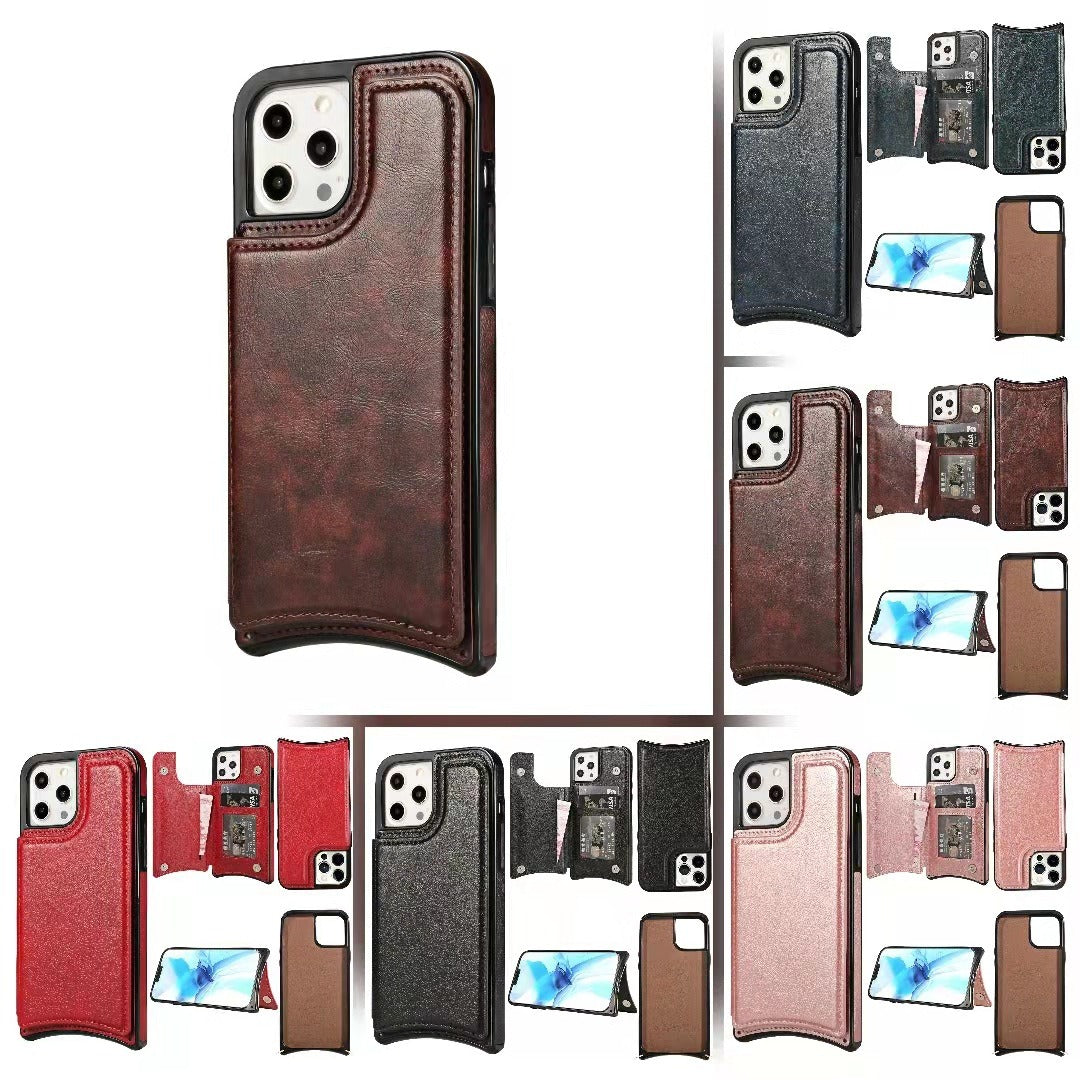 For iPhone 14 phone leather case Crazy Horse Apple 13 phone case Creative max skin insert card protective case