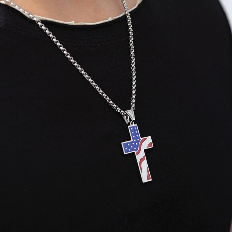 American Flag Patriotic Stainless Steel Cross Religious Jewelry Enamel Pendant Necklace