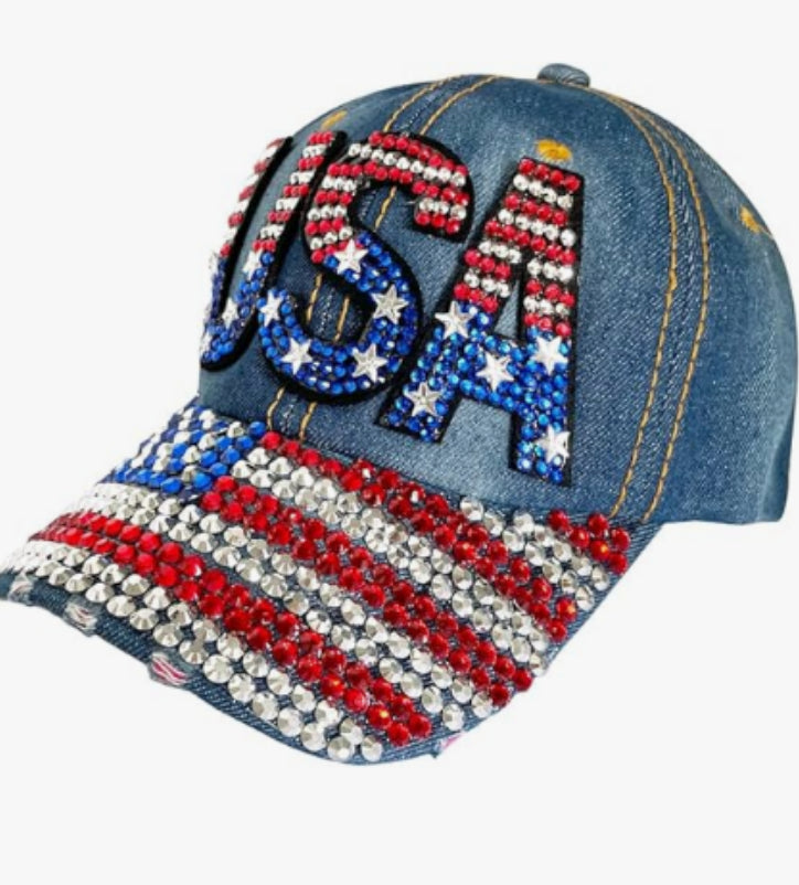 Unisex American flag USA baseball cap, denim distressed rhinestone cap, adult style (navy blue)